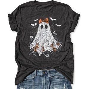 Women's Black Cotton Blend Halloween Ghost Retro Spooky Short Sleeve T Shirt